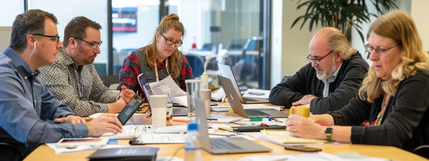 A team focused on knowledge management, gathered at a table with laptops for discussion and collaboration.