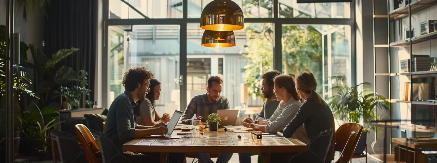 A diverse group of individuals gathered around a table, enjoying a meal together in a cozy restaurant setting.