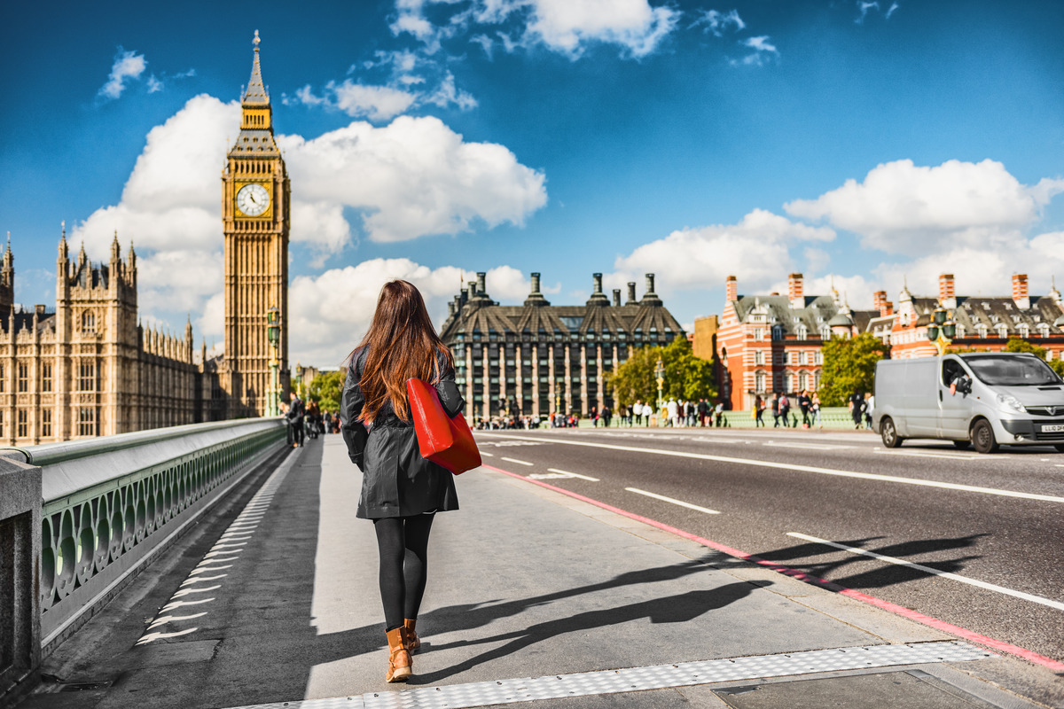 London city urban lifestyle tourist woman walking.