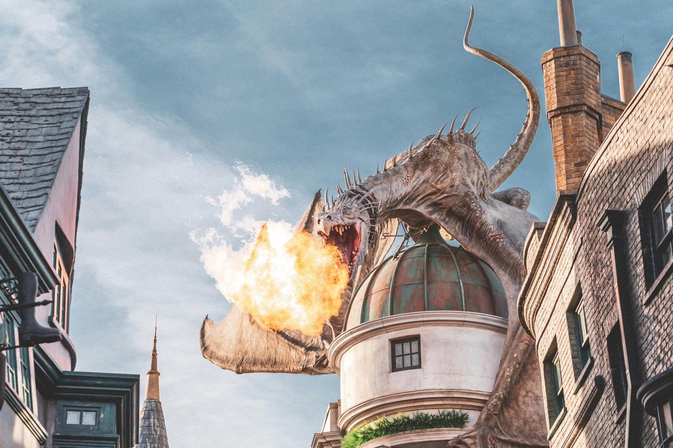 Epic fire-breathing dragon atop building at Universal Studios, Orlando.