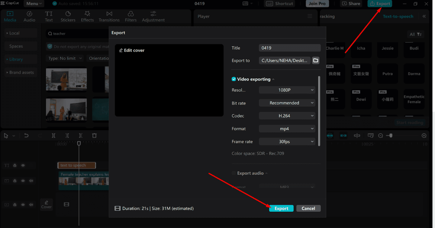 cupcut export