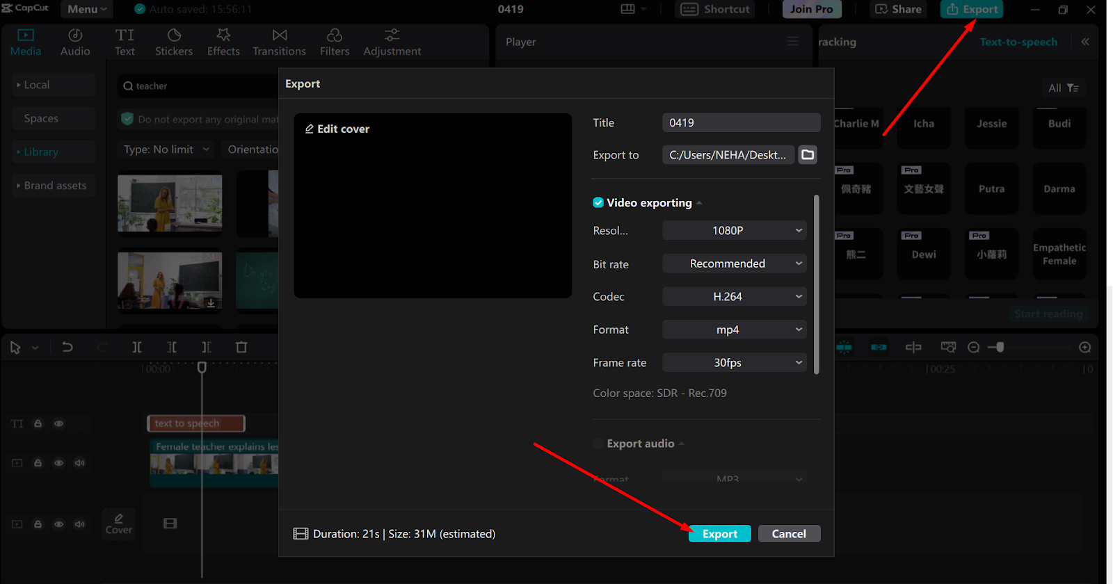 cupcut export
