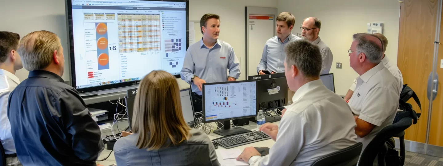 Employees discussing account planning tools for sales teams while sitting in an office