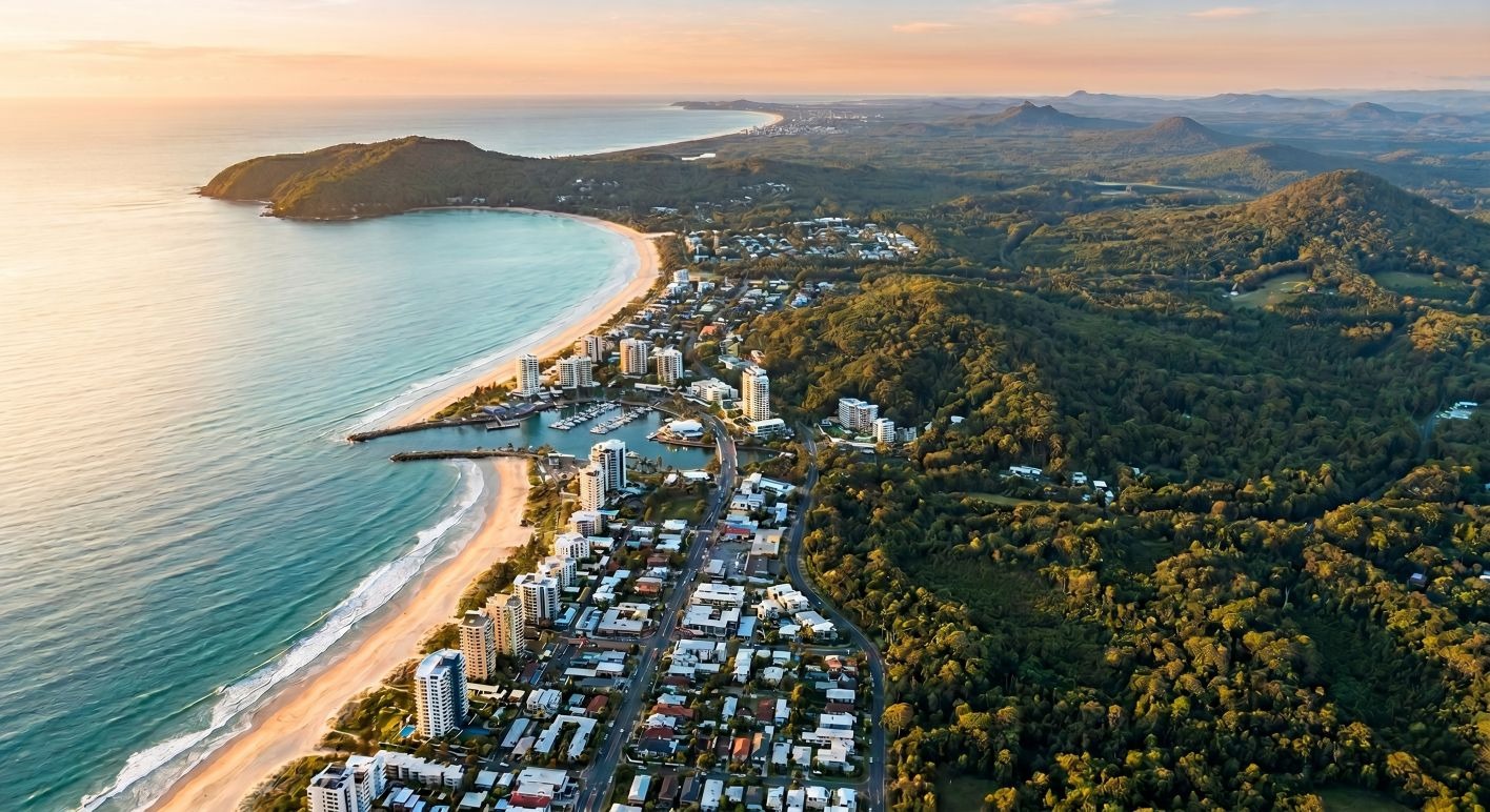 Coastal town along a crescent beach with a marina and high-rise buildings at sunset, bordered by green hills and ocean.