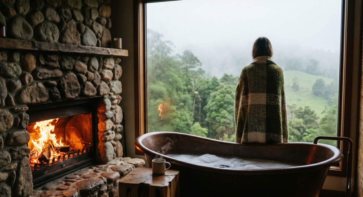 Person standing with a checkered blanket by a large window, gazing at foggy green hills; stone fireplace and bubbling copper tub nearby.