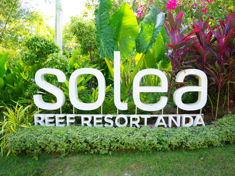 Solea sign in a tropical garden reading 'solea' with smaller text 'REEF RESORT ANDA' and lush greenery around.