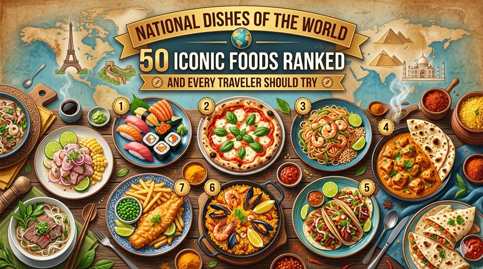 National dishes of the world including pizza sushi adobo pad thai and paella